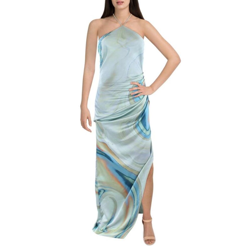 Jonathan Simkhai Womens Hansel Blue Satin Printed Halter Maxi Dress